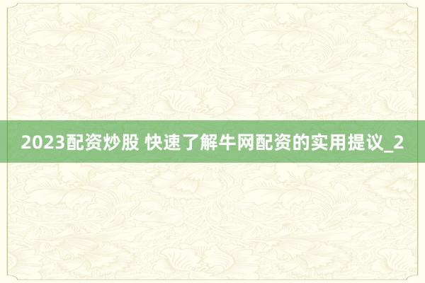 2023配资炒股 快速了解牛网配资的实用提议_2